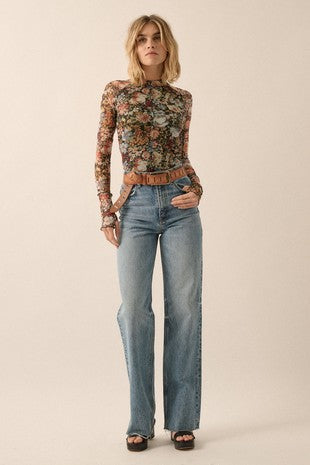 Floral Semi Sheer Mesh Top