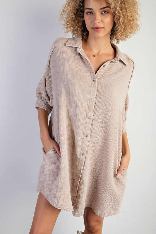 Gauze Button Down Shirt Dress