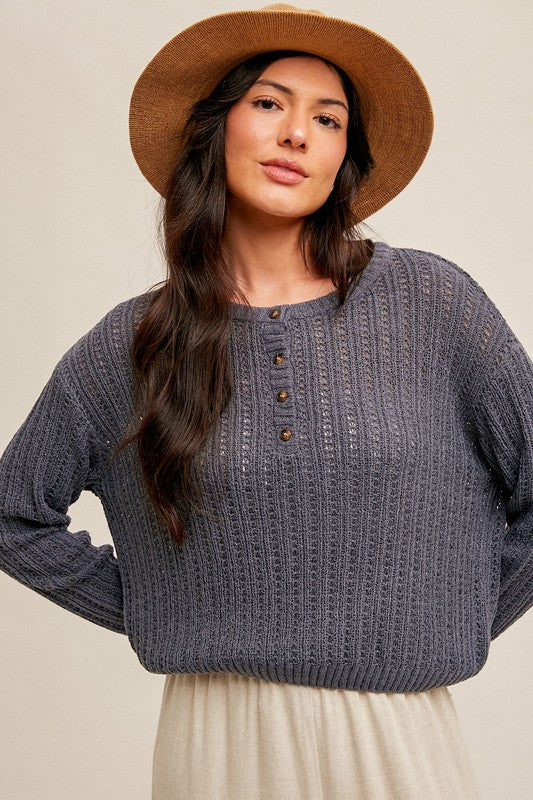 Front Button Closure Pullover Dolman Sweater