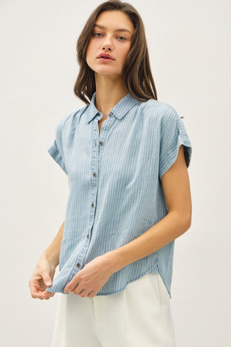 Tencel Pin Stripe Button Up Top W/ Rolled Sleeves
