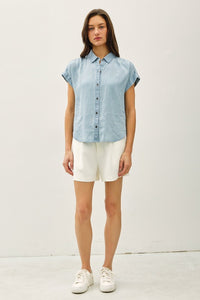 Tencel Pin Stripe Button Up Top W/ Rolled Sleeves