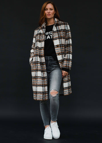 White, Brown & Black Plaid Coat