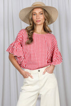 Load image into Gallery viewer, Gingham Scallop Edge  Ruffle Sleeve Top