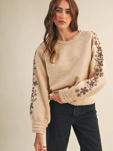 Sweater with Floral Embroidery Sleeves