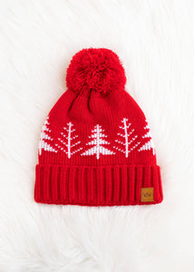 Red w/ White Trees Pom Hat