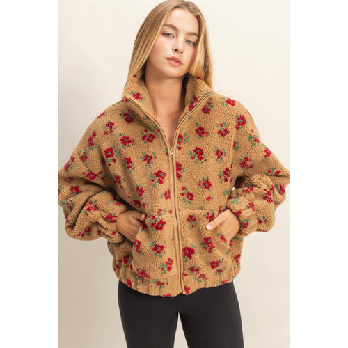 Floral Print Sherpa Zip-Up Jacket