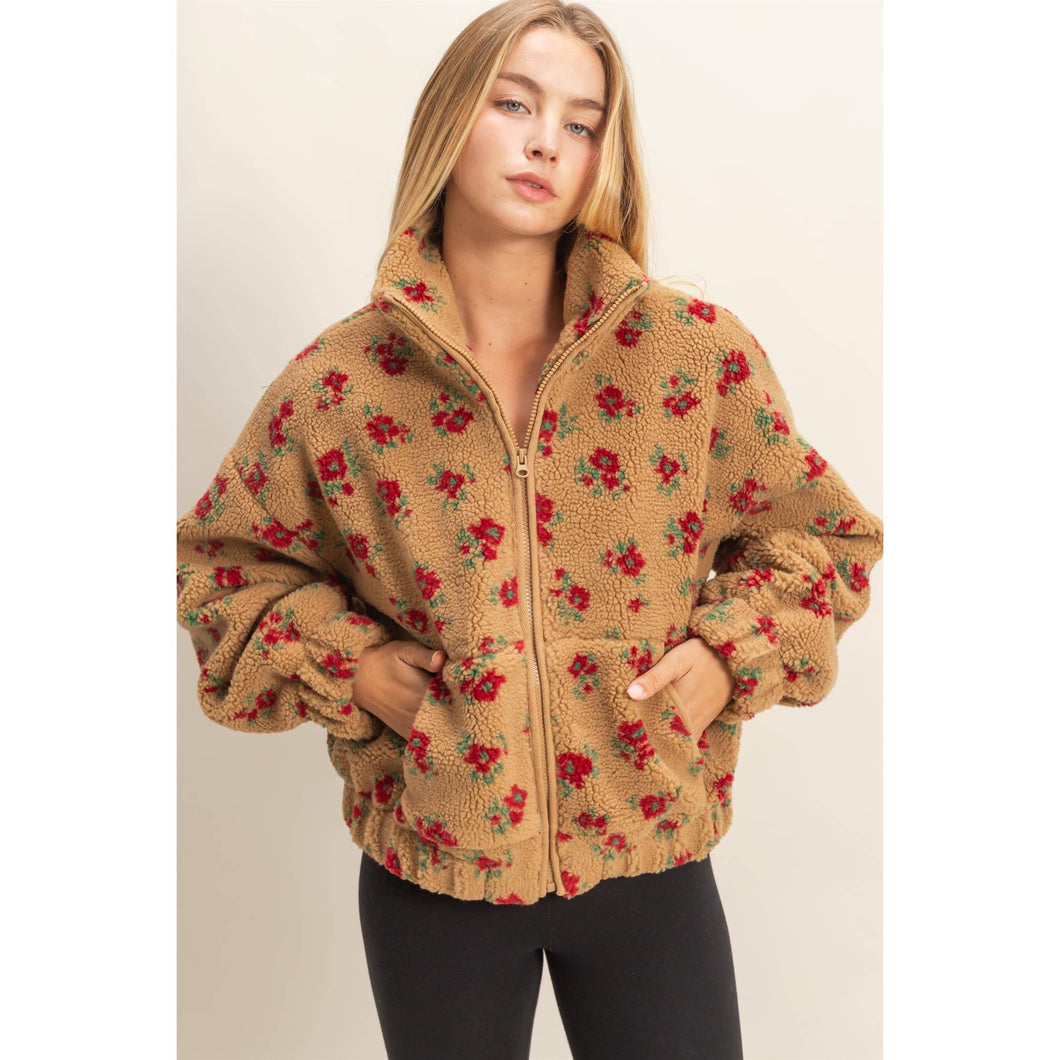 Floral Print Sherpa Zip-Up Jacket