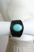 Load image into Gallery viewer, Boho Turquoise Stone Black Leather Cuff Bracelet