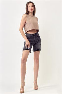High Rise Mid Thigh Distressed Shorts by Risen